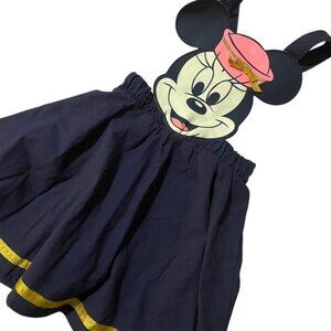 Vtg Minnie Mouse Face Overalls Navy Dress Pink Hat Gold Trim Size 6X Walt Disney